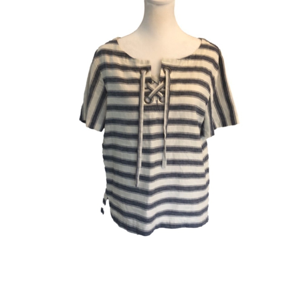 Madewell Size XS top linen cotton stripes lace up short sleeve boxy fit